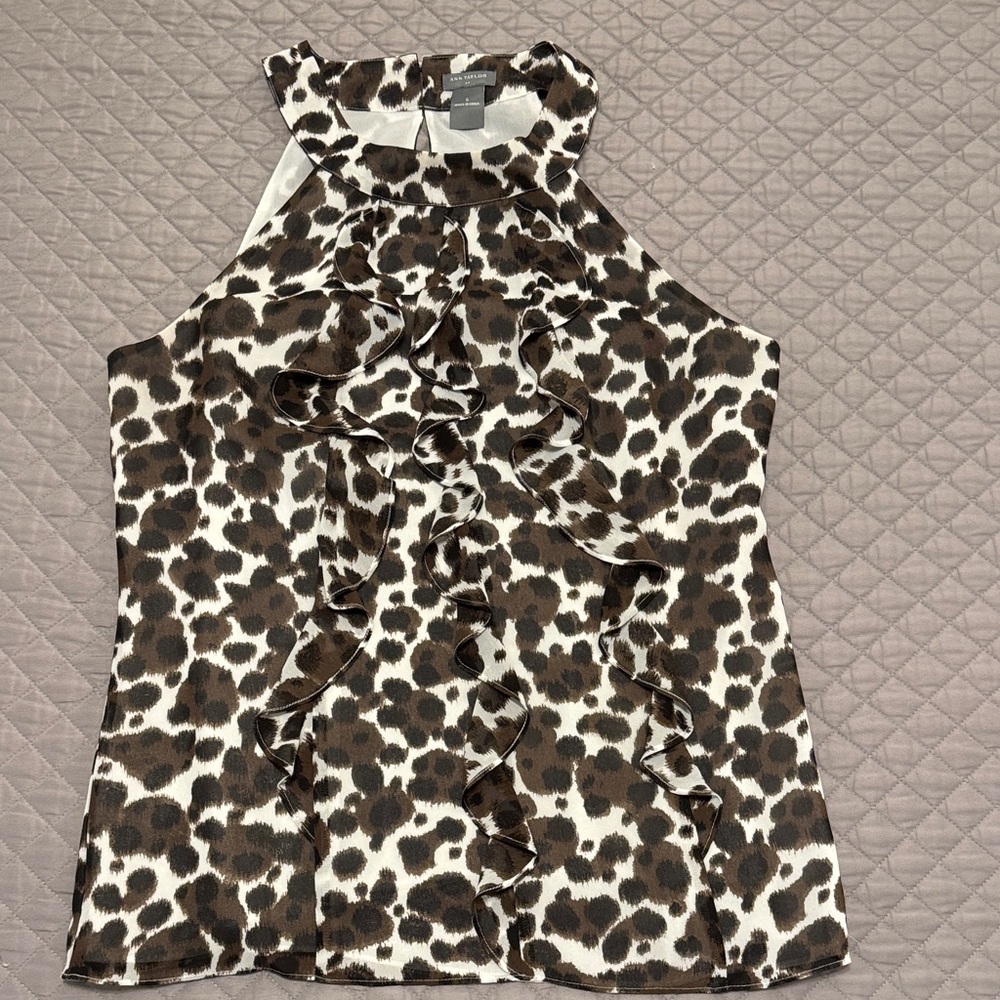 Ann Taylor Brown and White Animal Print Ruffle Blouse